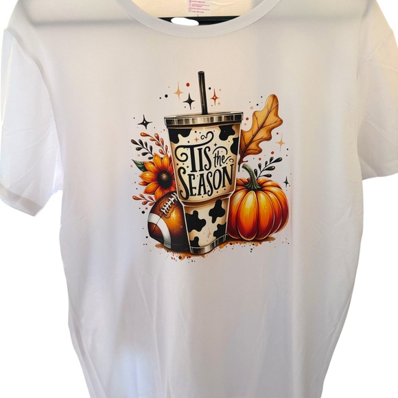 Halloween Tis the Season (Fall) Football Pumpkin White Crew Neck T-Shirt Large - Picture 6 of 9